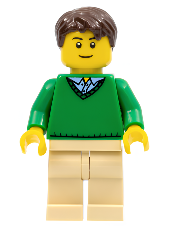 Минифигурка Lego Green V-Neck Sweater, Tan Legs, Dark Brown Short Tousled Hair, Thin Grin cty0547